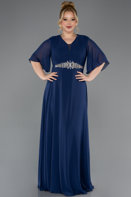 Long Navy Blue Chiffon Plus Size Evening Dress ABU5613