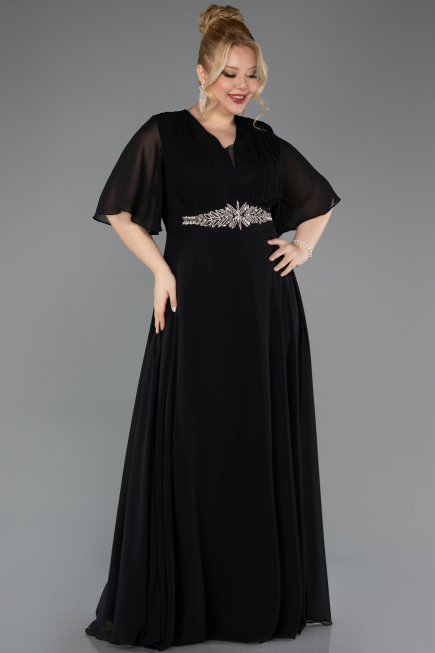 Long Black Chiffon Plus Size Evening Dress ABU5613