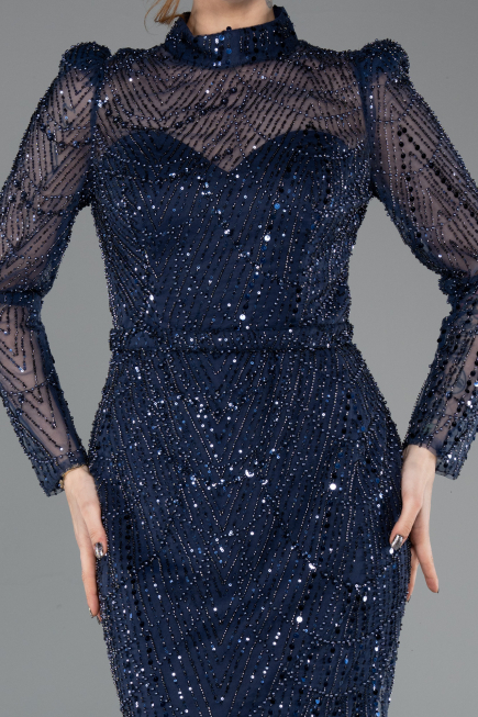 Navy Blue Long Sleeve High Collar Stoned Evening Gown ABU4526