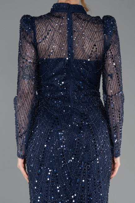 Navy Blue Long Sleeve High Collar Stoned Evening Gown ABU4526