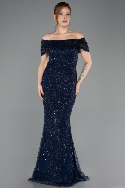 Long Navy Blue Beaded Evening Dress ABU5694
