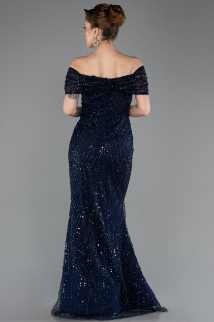 Long Navy Blue Beaded Evening Dress ABU5694