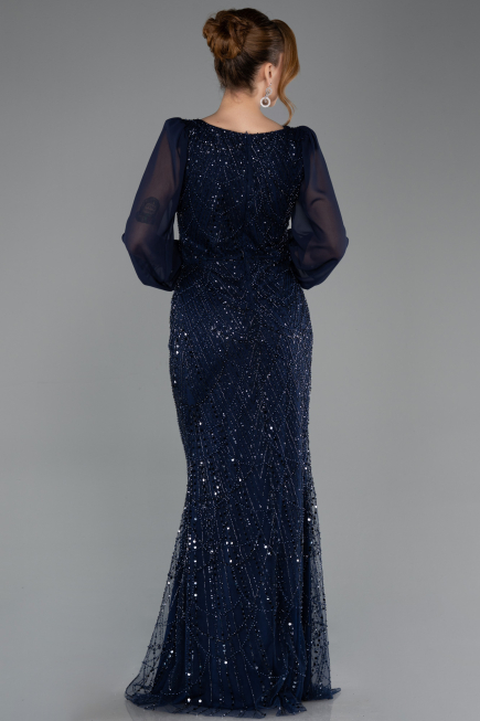 Long Navy Blue Beaded Evening Dress ABU5695