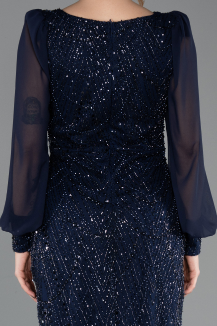 Long Navy Blue Beaded Evening Dress ABU5695