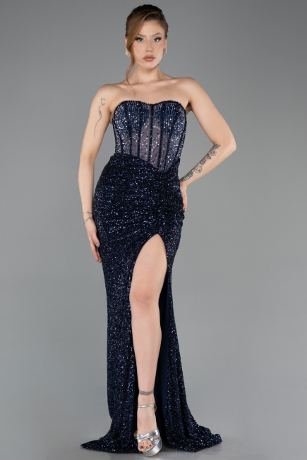 Long Navy Blue Beaded Evening Dress ABU5696