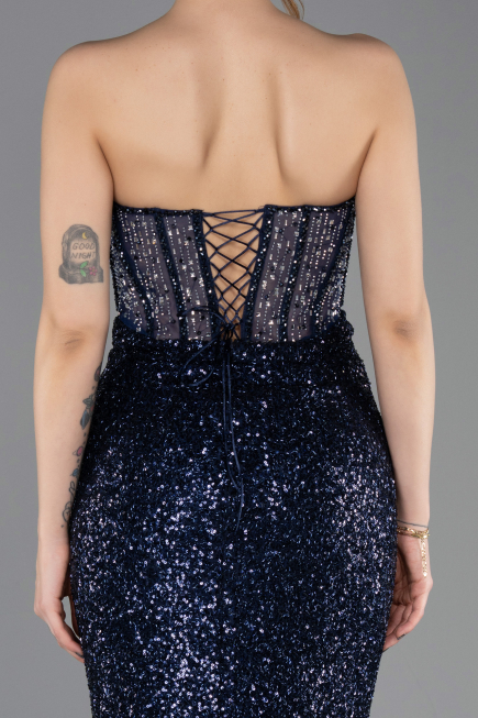 Long Navy Blue Beaded Evening Dress ABU5696