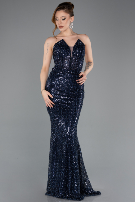 Long Navy Blue Beaded Mermaid Evening Gown ABU5697