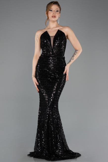 Long Black Beaded Mermaid Evening Gown ABU5697