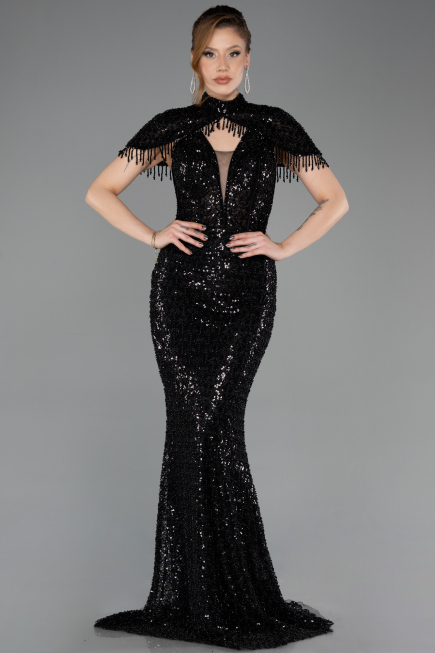 Long Black Beaded Mermaid Evening Gown ABU5697
