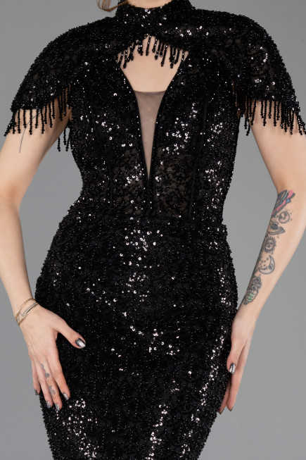 Long Black Beaded Mermaid Evening Gown ABU5697