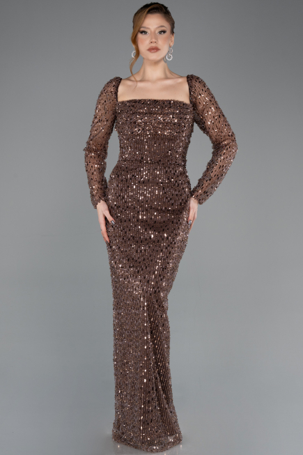 Long Brown Beaded Evening Dress ABU5699