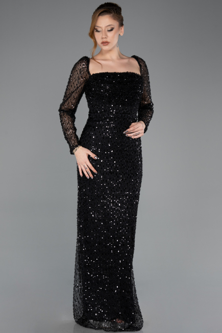 Long Black Beaded Evening Dress ABU5699