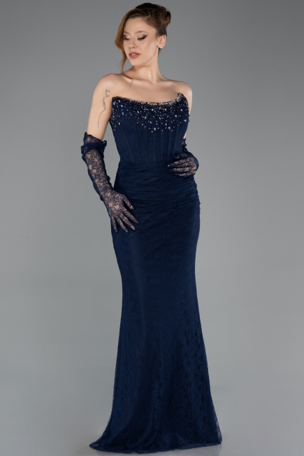 Long Navy Blue Dantelle Evening Dress ABU5717