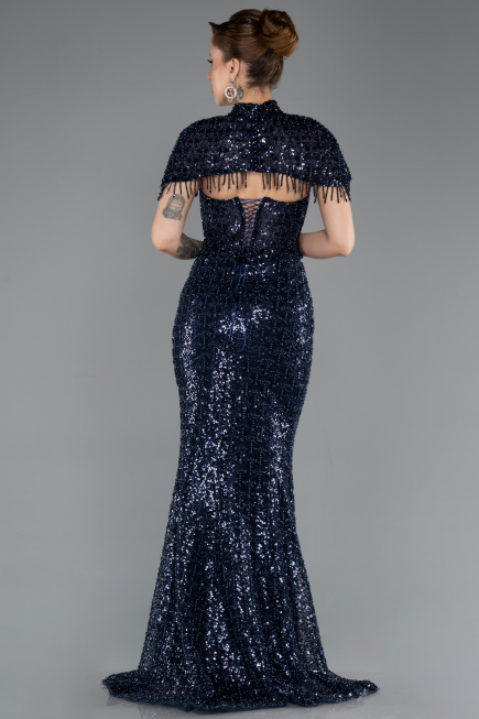 Long Navy Blue Beaded Mermaid Evening Gown ABU5697