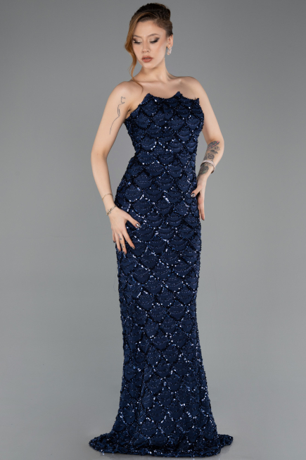Long Navy Blue Scaly Evening Dress ABU5701