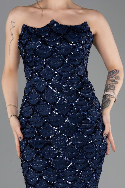 Long Navy Blue Scaly Evening Dress ABU5701