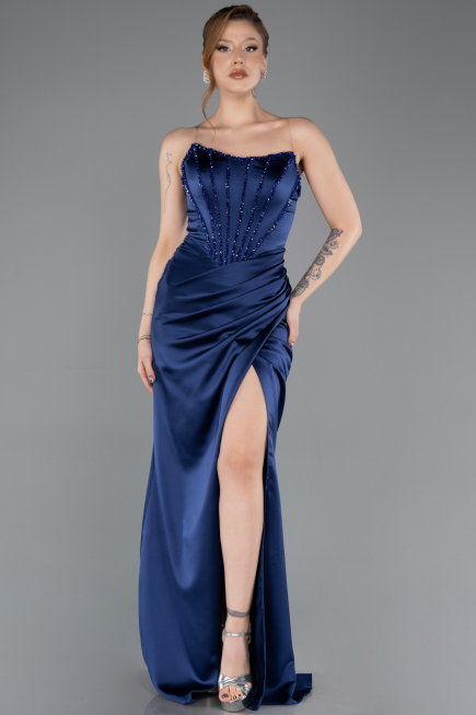 Long Navy Blue Satin Evening Dress ABU5708