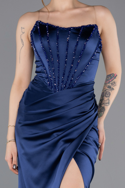 Long Navy Blue Satin Evening Dress ABU5708