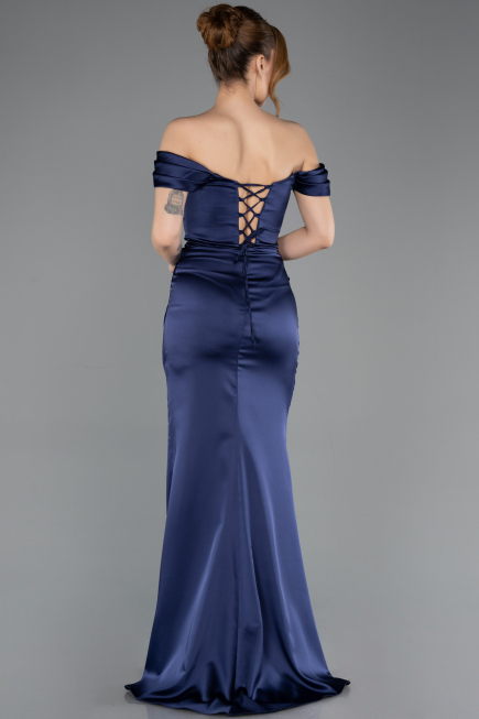 Long Navy Blue Satin Prom Gown ABU5709