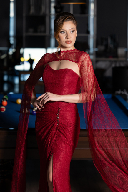 Burgundy Long Dantelle Evening Dress ABU5614