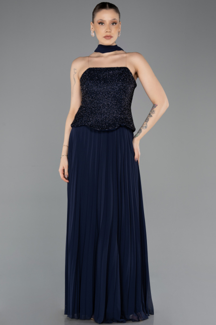 Long Navy Blue Chiffon Evening Dress ABU5715