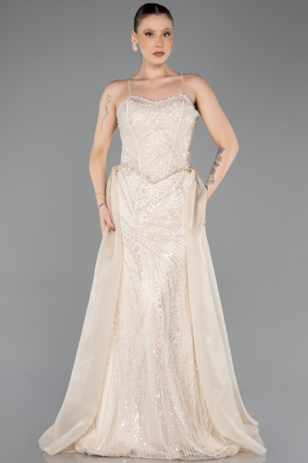 Long Beige Beaded Evening Dress ABU5730