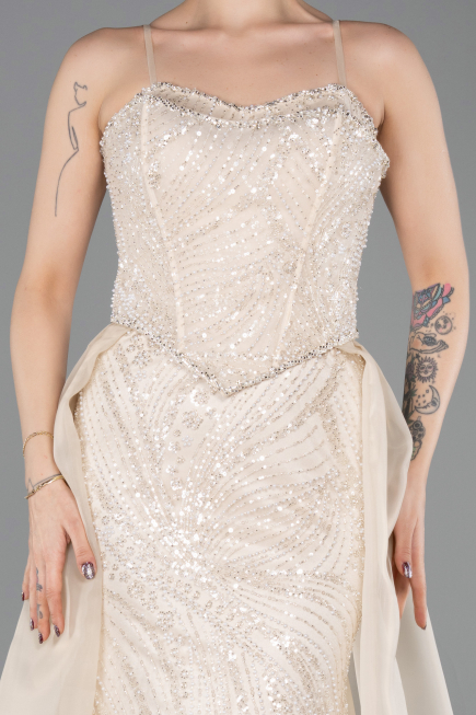 Long Beige Beaded Evening Dress ABU5730