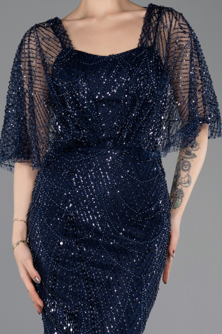 Long Navy Blue Beaded Evening Dress ABU5718