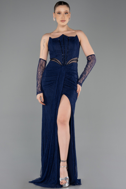 Long Navy Blue Dantelle Evening Dress ABU5736