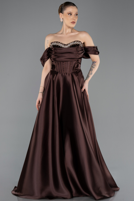 Long Brown Satin Plus Size Evening Gown ABU5726