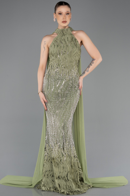Long Olive Drab Beaded Mermaid Prom Dress ABU5741