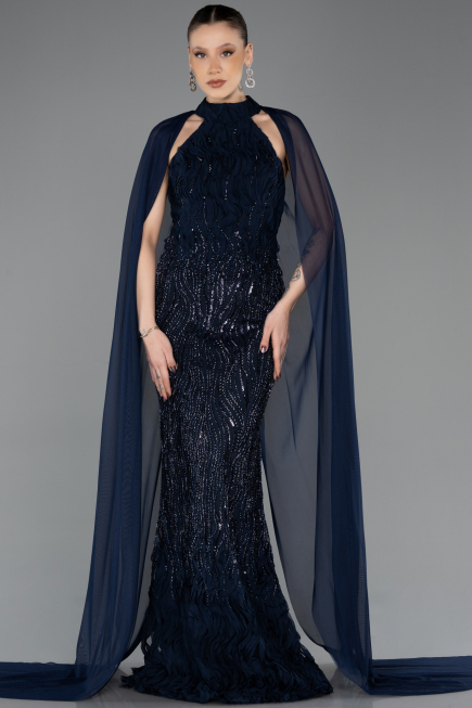 Long Navy Blue Beaded Mermaid Prom Dress ABU5741
