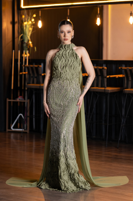 Long Olive Drab Beaded Mermaid Prom Dress ABU5741