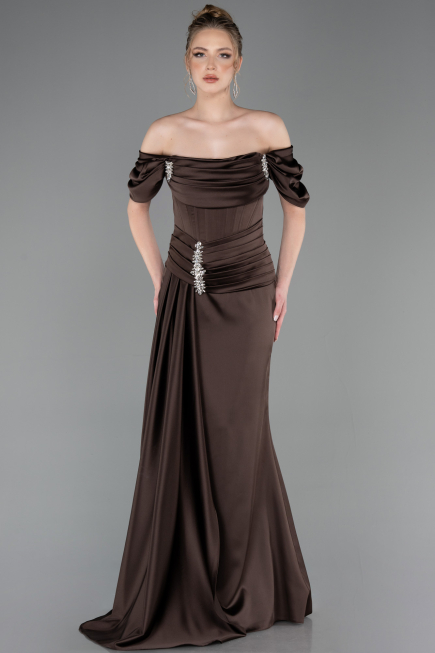 Long Brown Satin Mermaid Evening Gown ABU5765