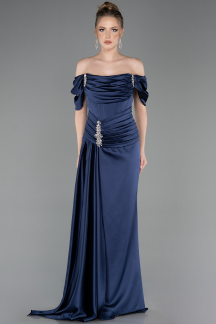Long Navy Blue Satin Mermaid Evening Gown ABU5765