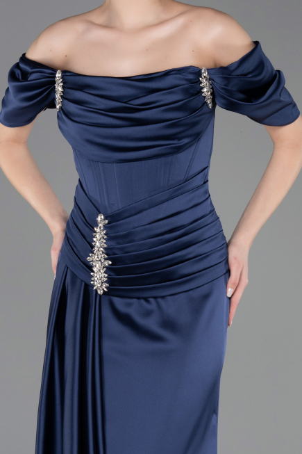 Long Navy Blue Satin Mermaid Evening Gown ABU5765