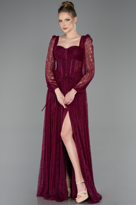 Long Cherry Colored Dantelle Evening Dress ABU5797