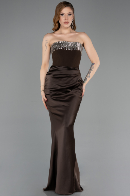 Long Brown Satin Mermaid Evening Gown ABU5820