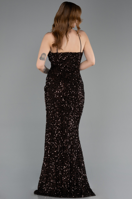 Brown Strapless Underwire Slit Long Sequin Evening Gown ABU4842