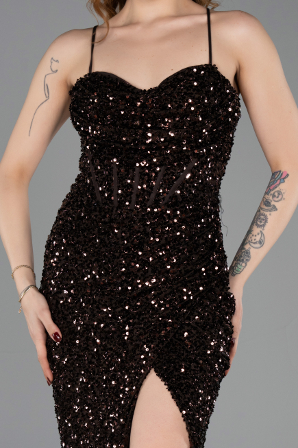 Brown Strapless Underwire Slit Long Sequin Evening Gown ABU4842