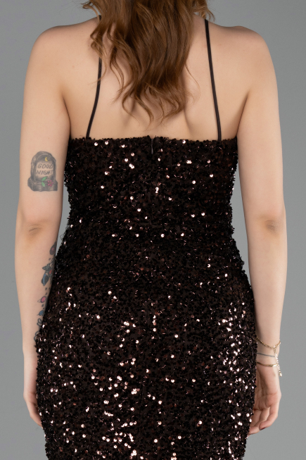 Brown Strapless Underwire Slit Long Sequin Evening Gown ABU4842