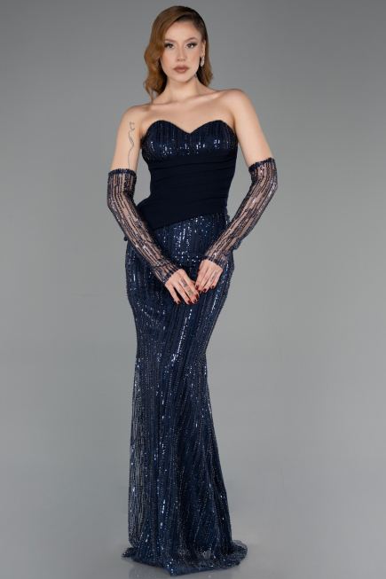 Long Navy Blue Beaded Evening Dress ABU5766