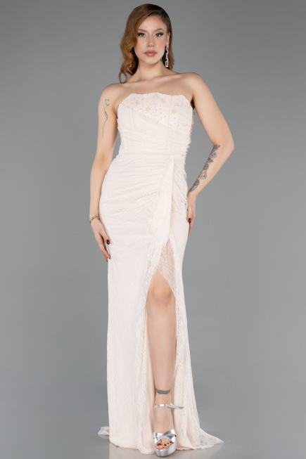 Beige Long Dantelle Evening Dress ABU5603