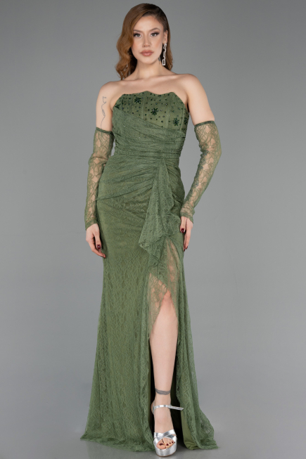 Olive Drab Long Dantelle Evening Dress ABU5603