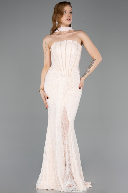 Beige Long Dantelle Evening Dress ABU5686
