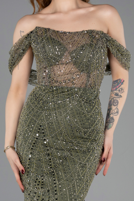 Long Olive Drab Beaded Evening Dress ABU5833
