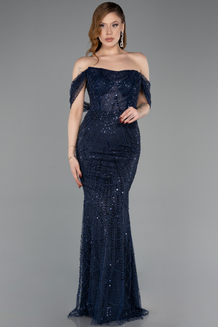 Long Navy Blue Beaded Evening Dress ABU5833