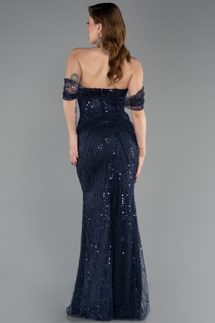 Long Navy Blue Beaded Evening Dress ABU5833