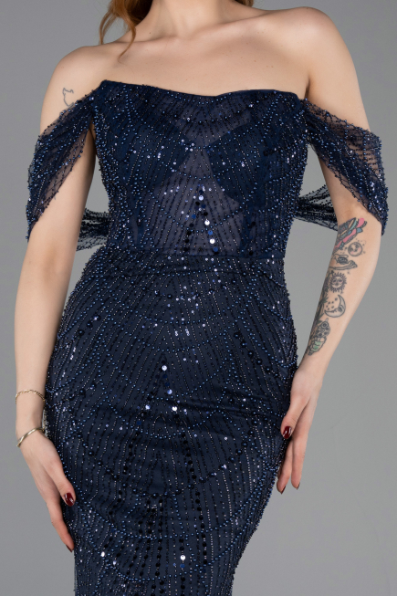 Long Navy Blue Beaded Evening Dress ABU5833