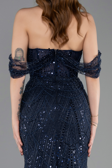 Long Navy Blue Beaded Evening Dress ABU5833